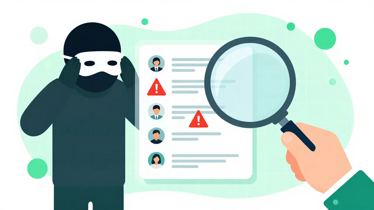Magnifying glass detecting hidden fraud in digital communications