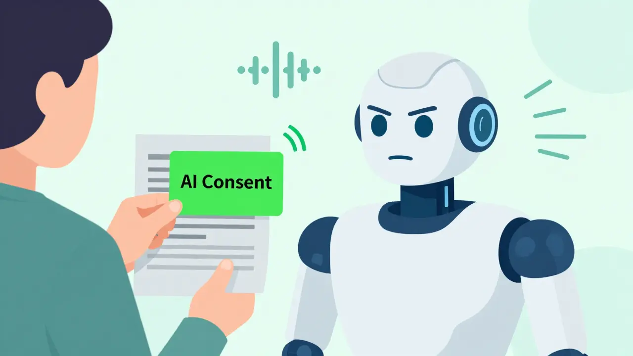 Parent giving separate consent card to an AI robot for data training.