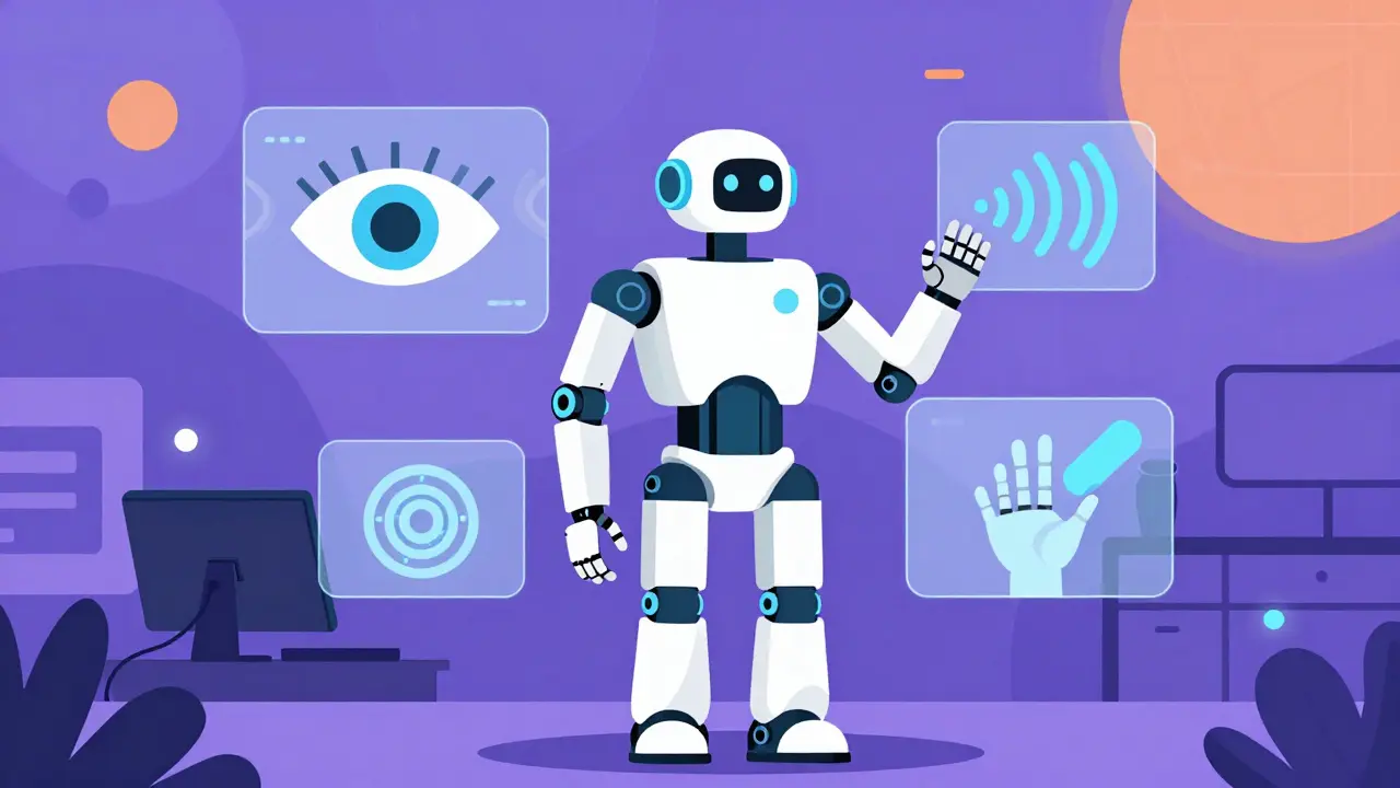 Robot interacting with physical world using vision, audio, and touch sensors in a futuristic lab.