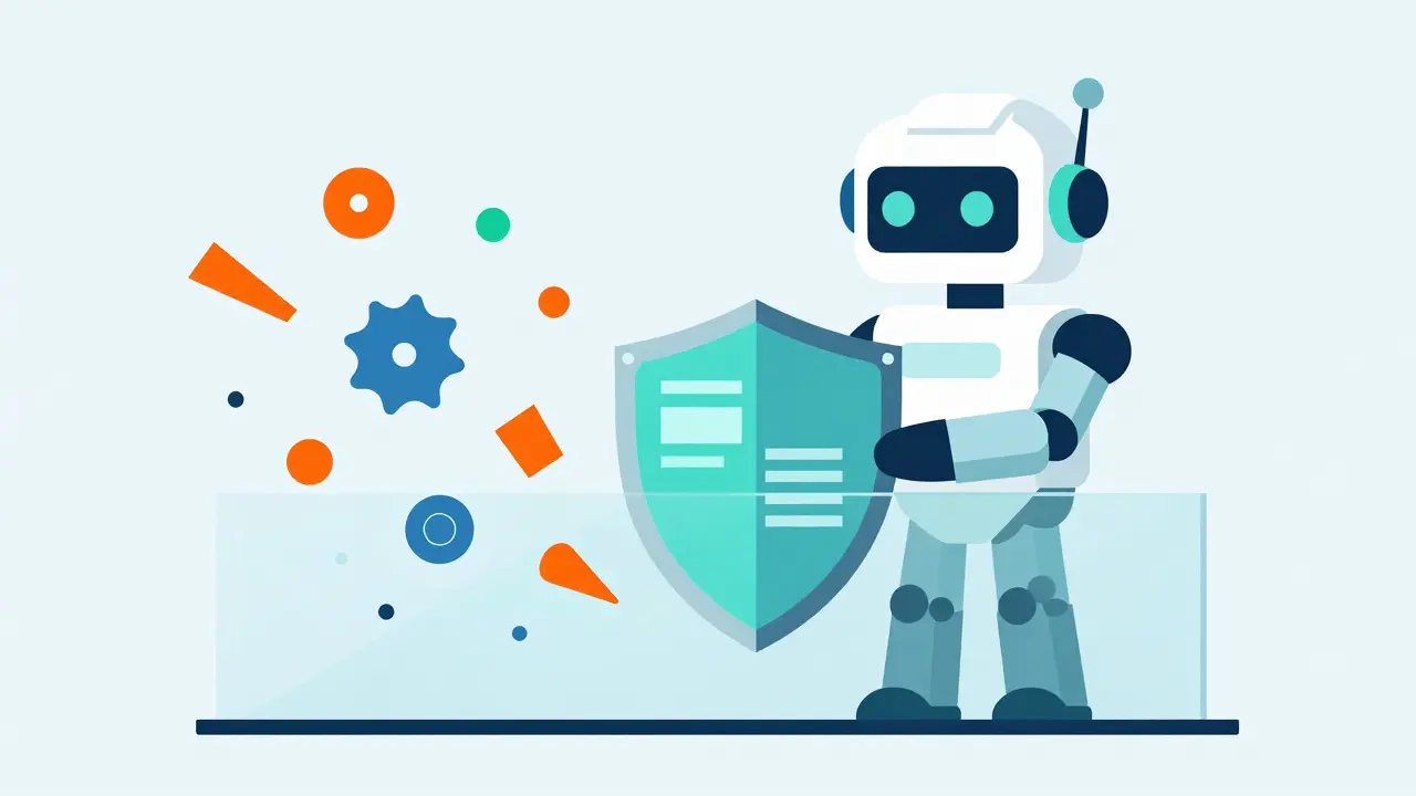 Robot protected by a shield against chaotic data inputs, symbolizing secure agent design.