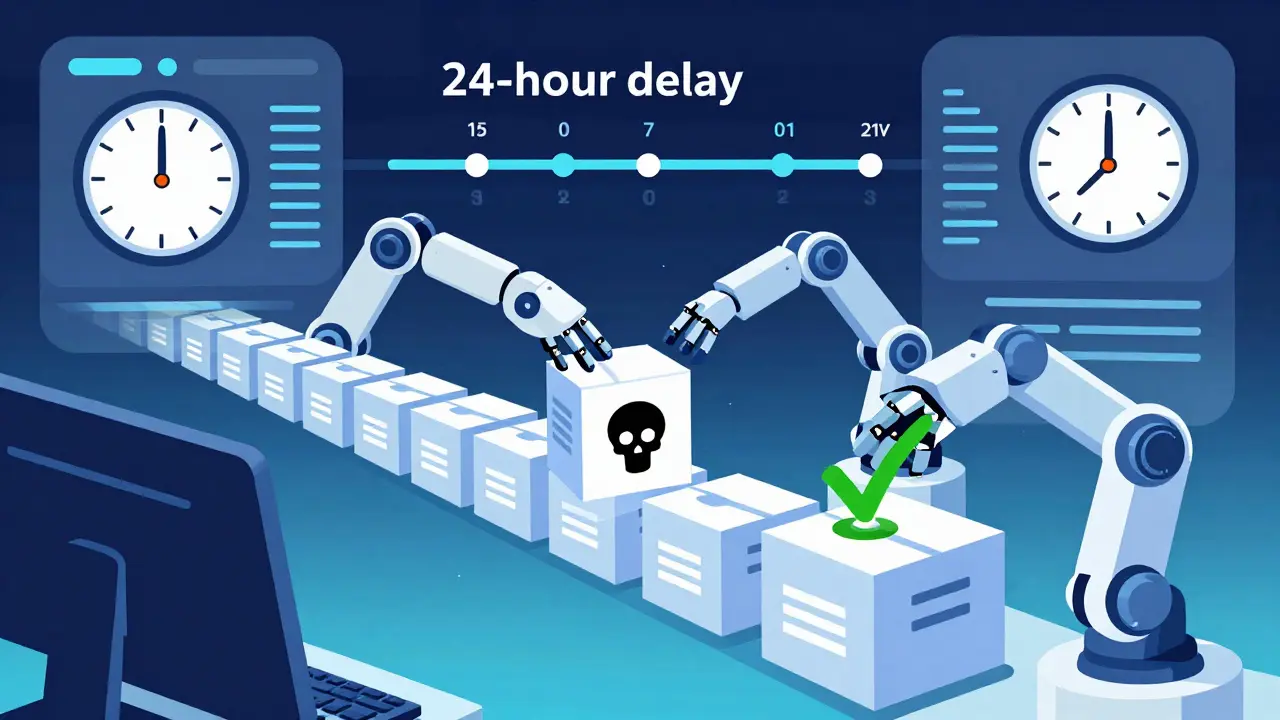 Robotic arms filtering code packages in an automated security dashboard.