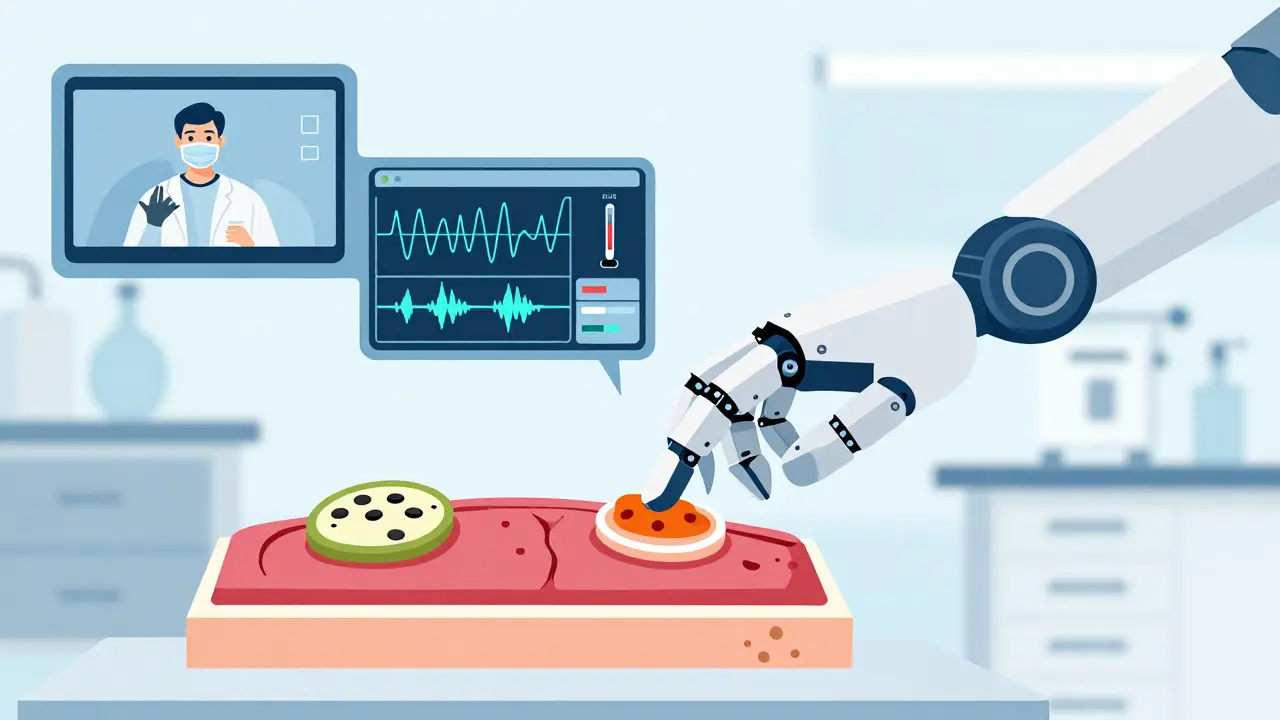 Robotic surgery scene showing integrated video, haptic, and sensor data streams merging into a unified AI signal.