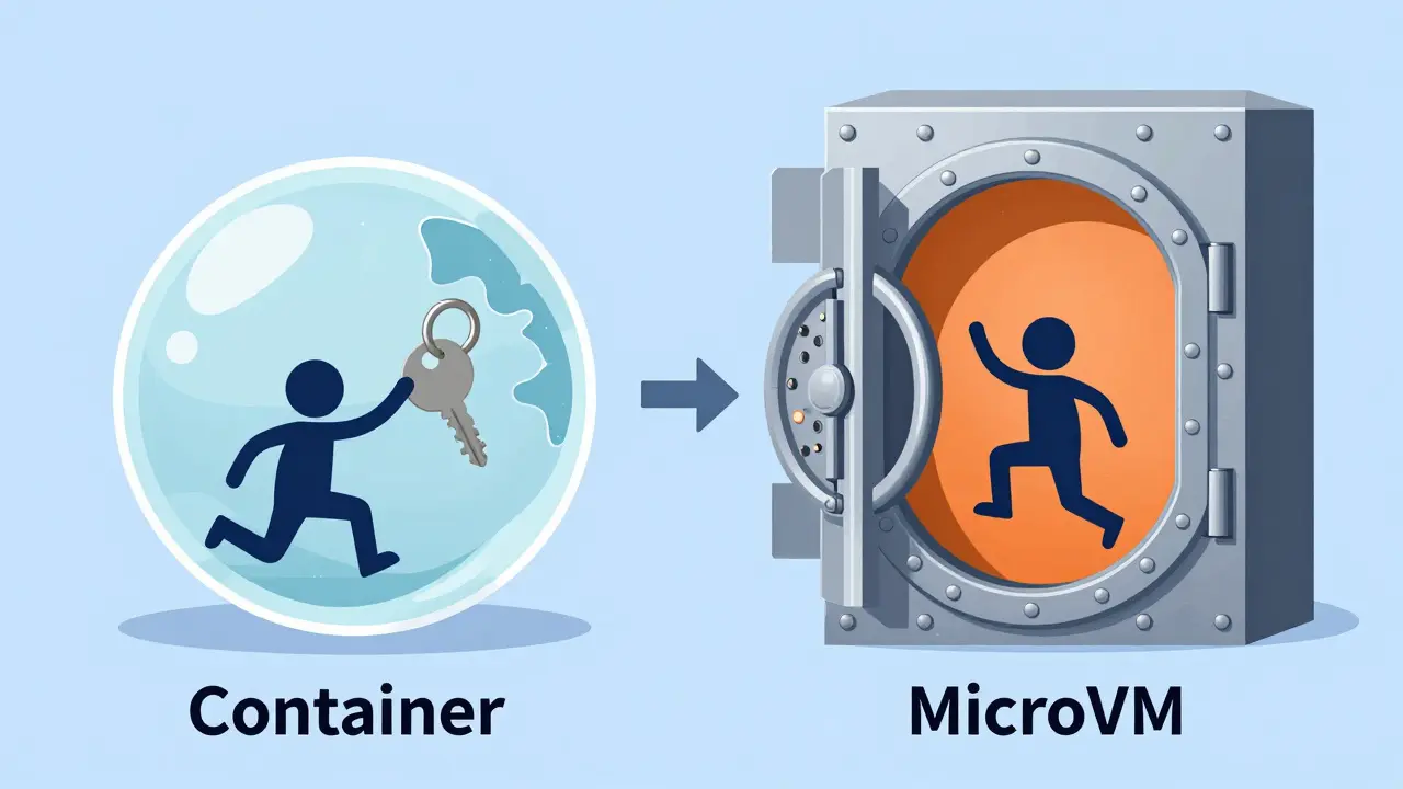 Visual comparison of fragile container vs secure microVM sandbox