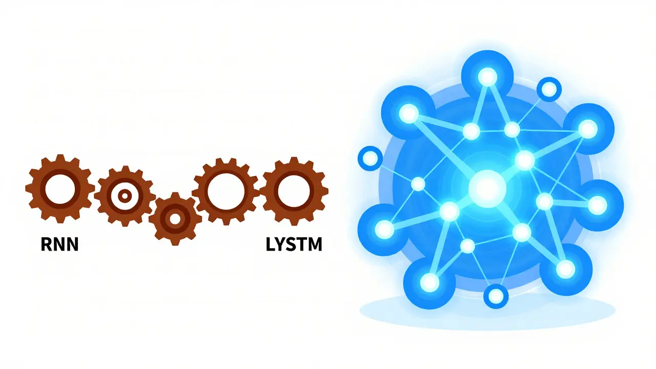 Visual metaphor comparing linear RNN chains to parallel transformer networks