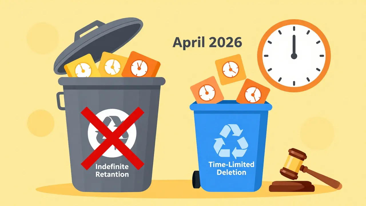Visual metaphor showing data deletion timers replacing indefinite storage.