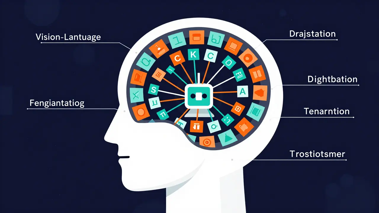 Abstract diagram showing image and text tokens merging inside an AI brain.