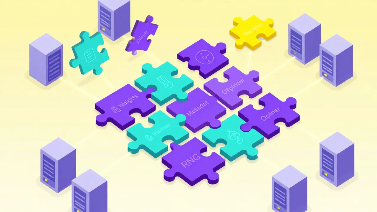Abstract flat art of puzzle pieces assembling a distributed model checkpoint.