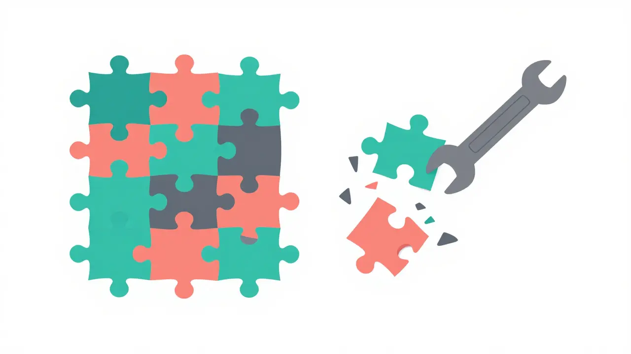 Abstract puzzle pieces distorting to represent neural weight shifts