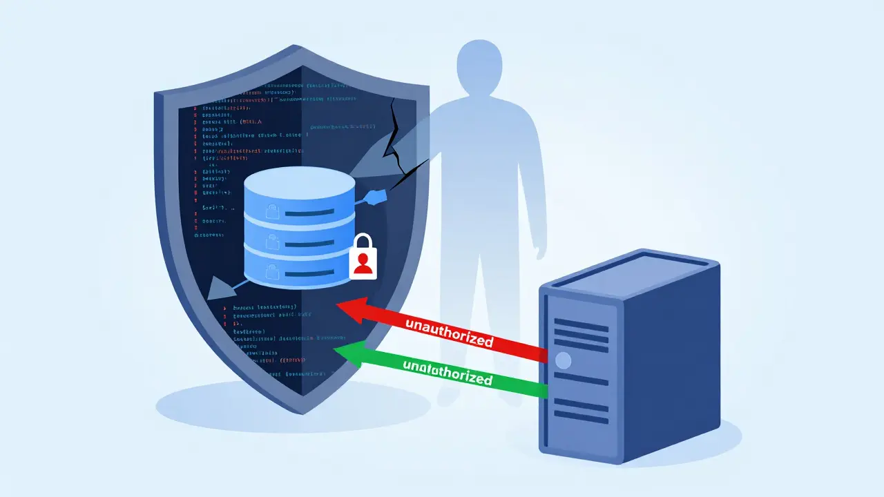 Broken shield revealing database vulnerabilities blocked by NGINX gateway