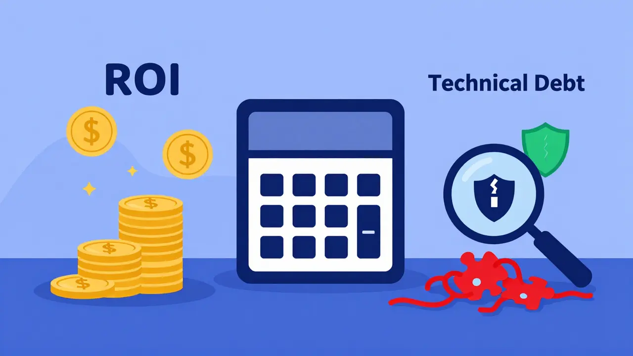 Calculator balancing financial savings against technical debt risks