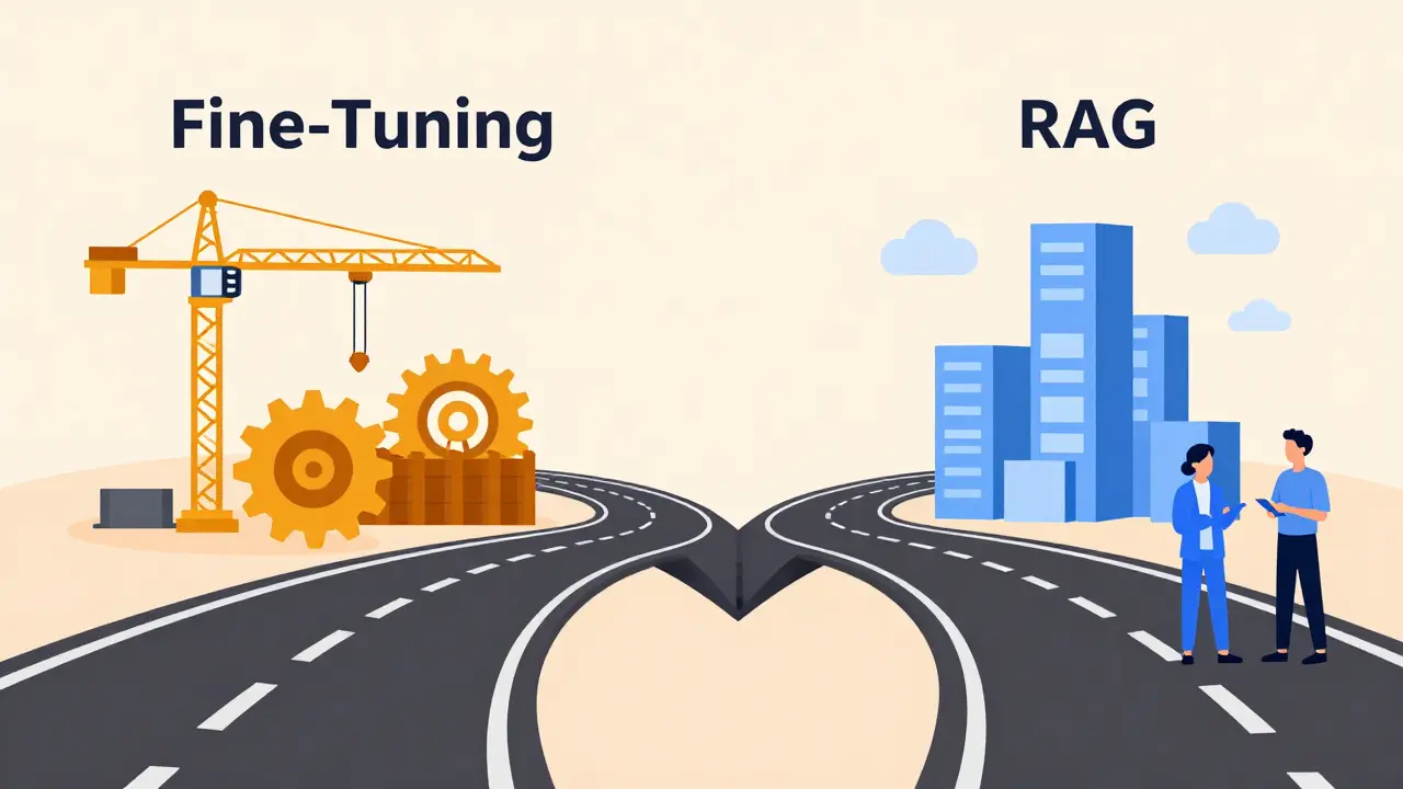 Comparison illustration showing RAG as flexible and easy vs fine-tuning as complex.