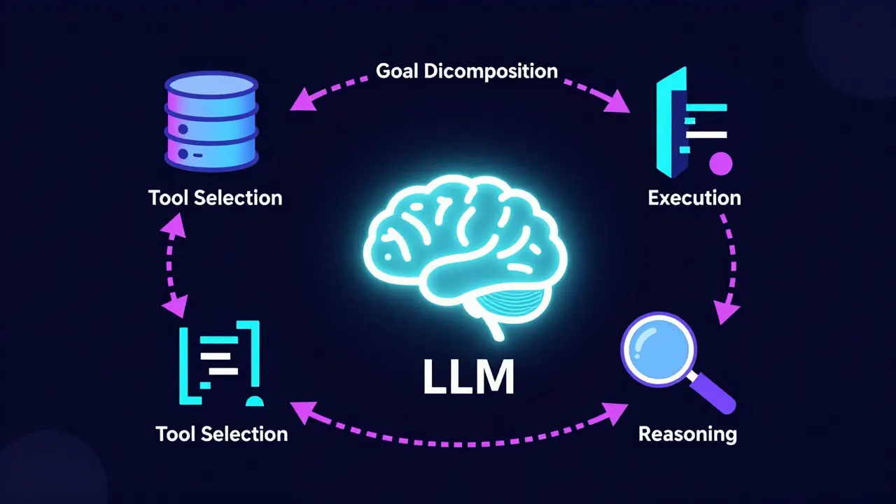 Diagram of AI agent workflow: reasoning, tools, and self-correction loop