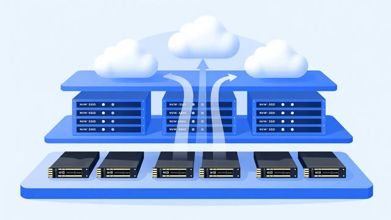 Diagram of tiered storage layers from local SSDs to remote cloud backup.