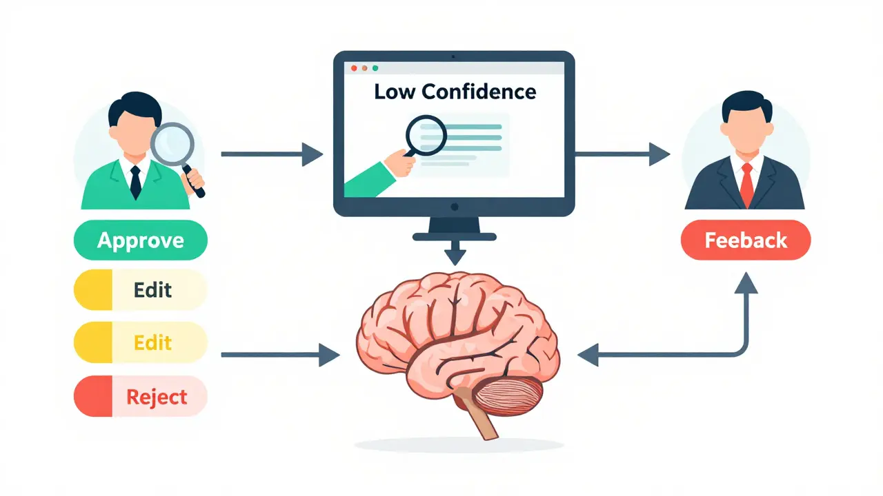 Diagram showing human review process flagging low-confidence AI outputs.