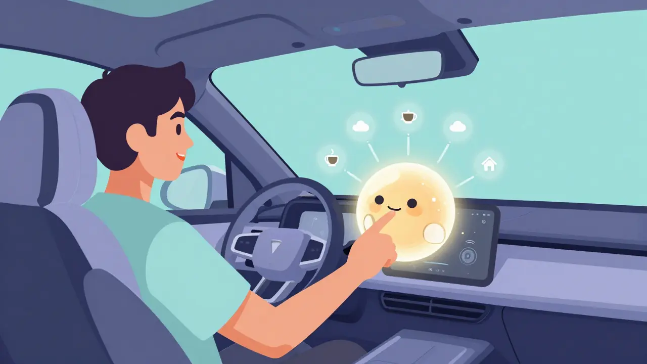 Driver interacting with an AI voice assistant in a car