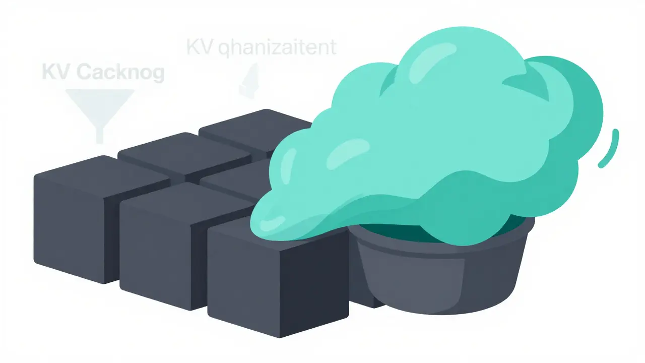 Expanding teal cloud representing KV cache pressure on static model weight blocks.