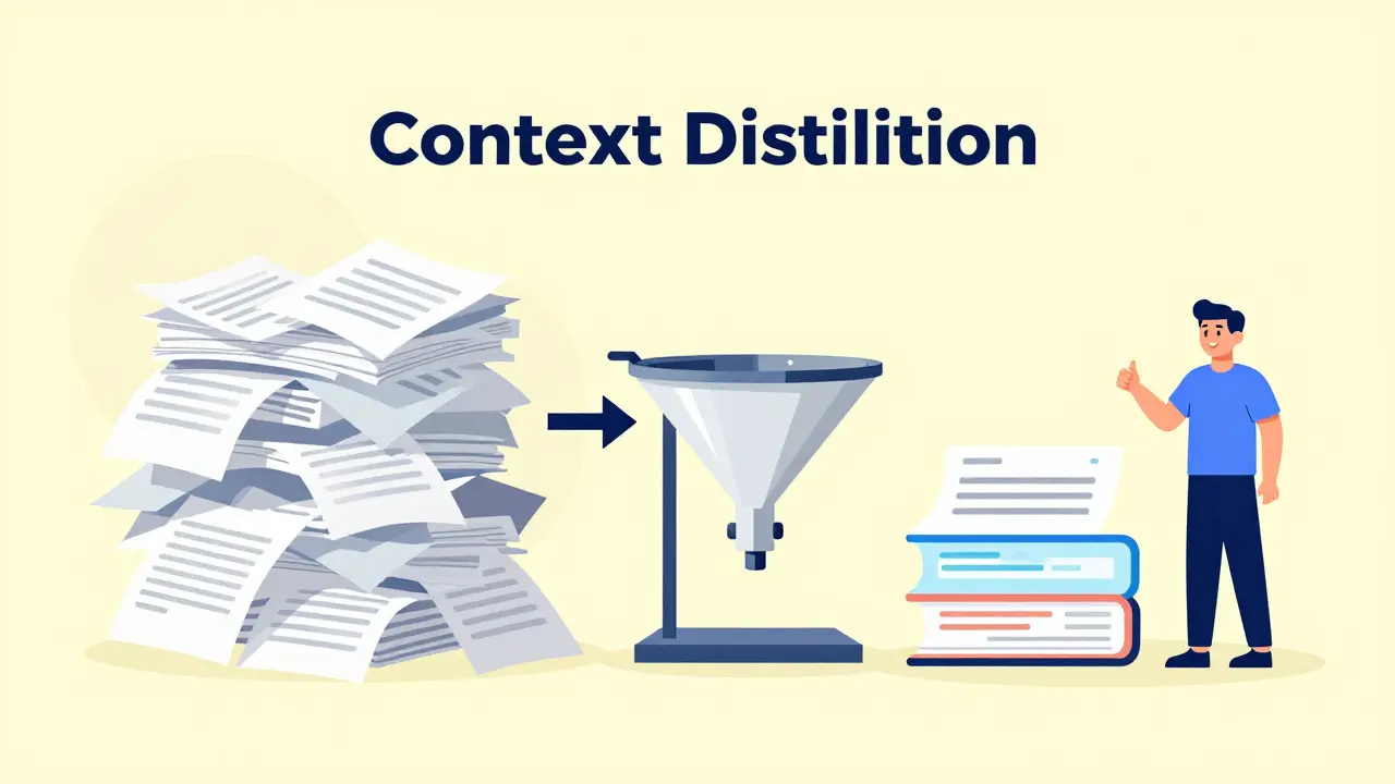 Filter organizing messy papers into neat snippets for context distillation