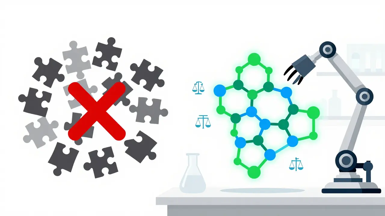 Flat graphic comparing chaotic data vs structured molecular reasoning with verification steps.