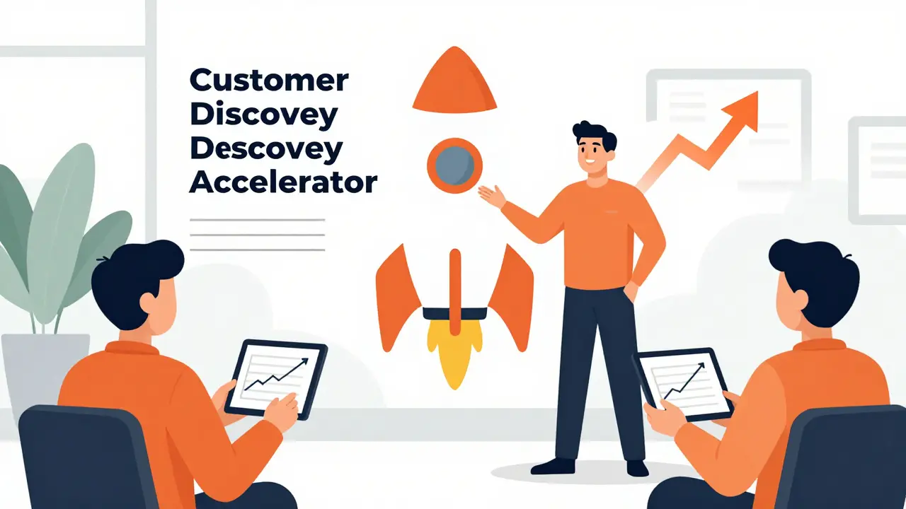 Founder pitching customer discovery strategy to optimistic investors