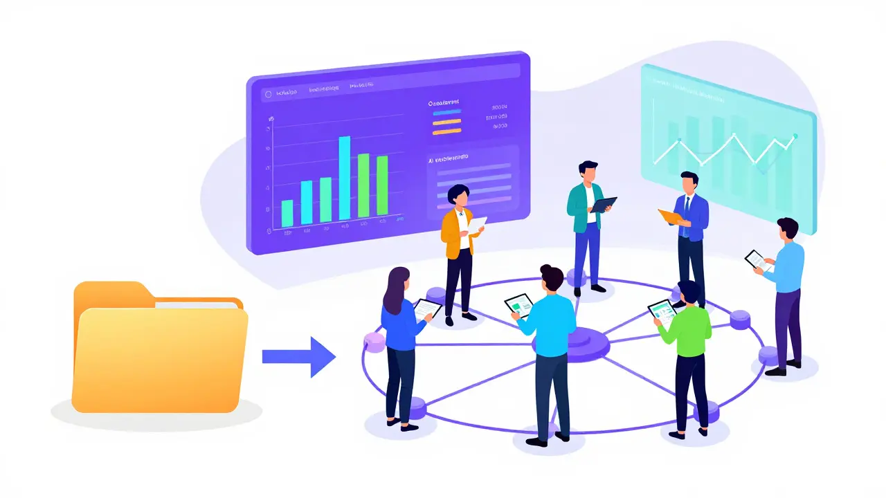 Futuristic AI workflow network evolving from simple folders to complex systems