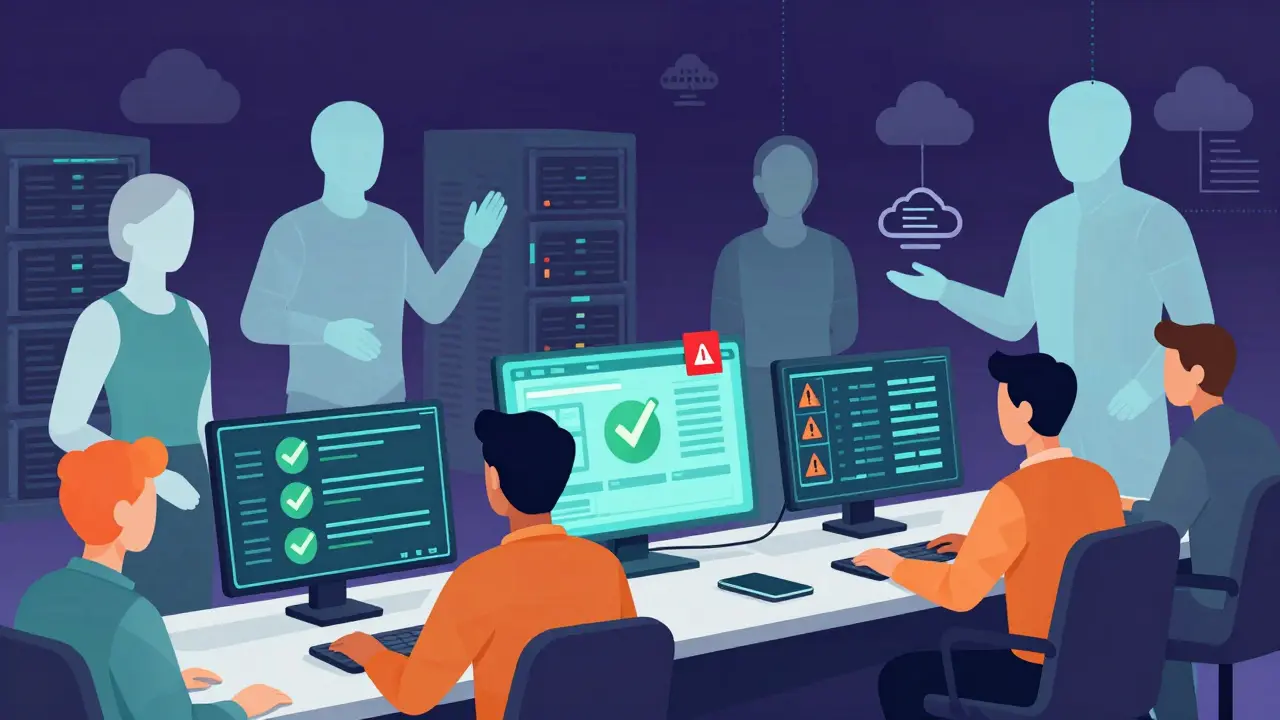 Humans auditing autonomous AI agents in a futuristic enterprise setting