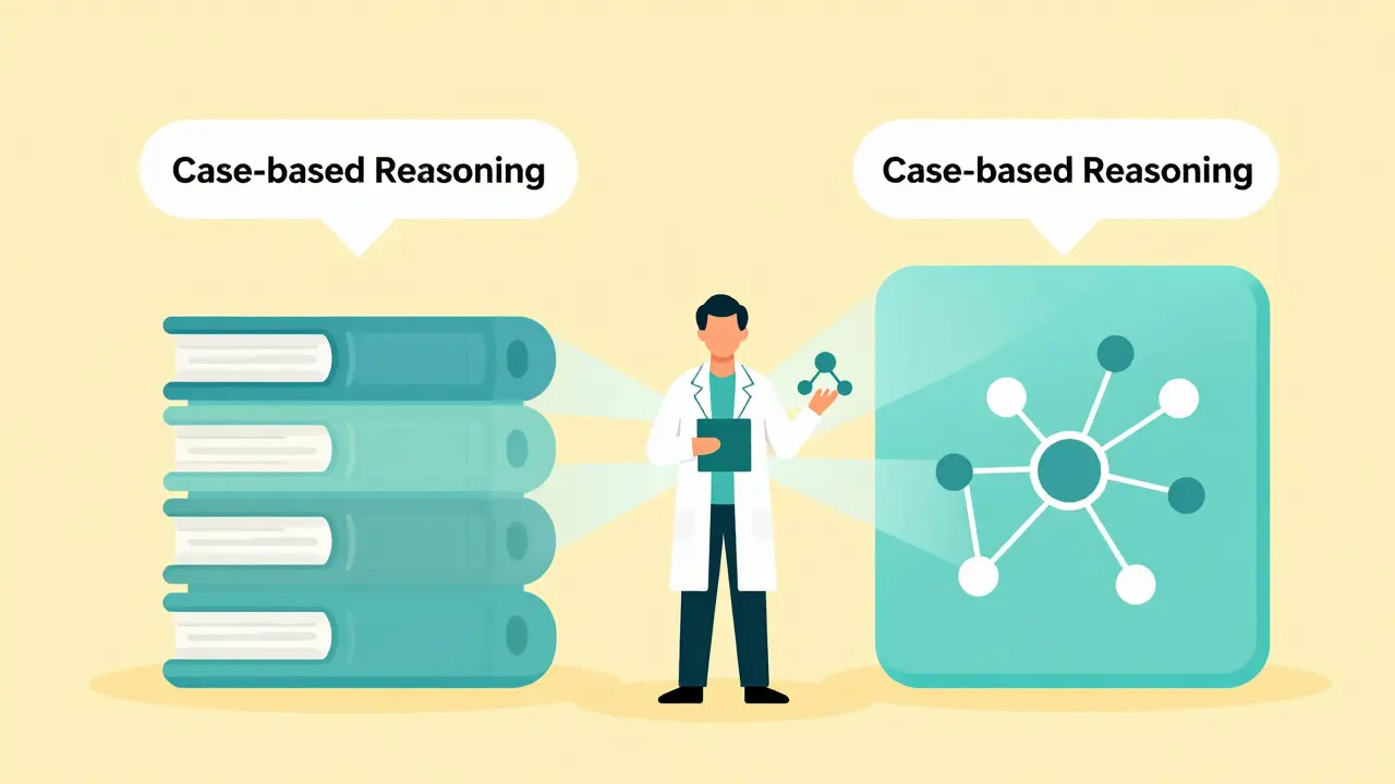 Illustration of a scientist using hybrid AI systems connecting databases to generate new insights.