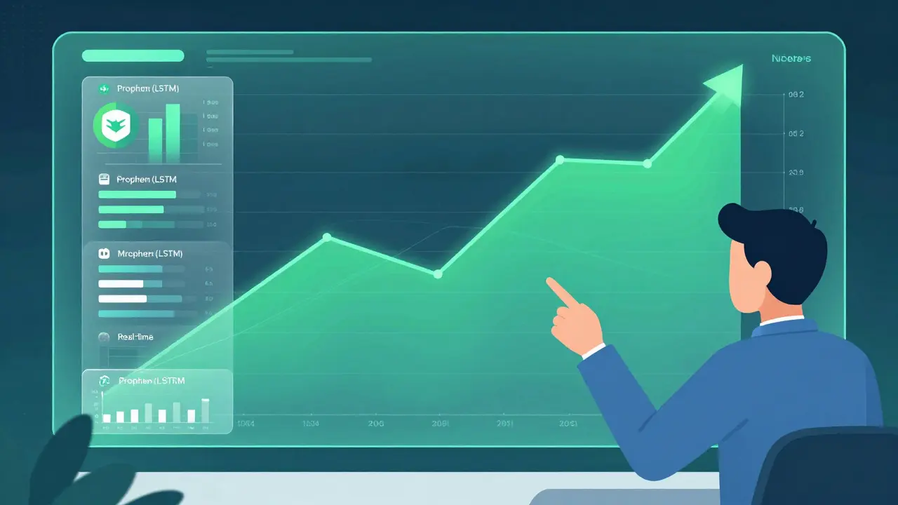 Manager viewing predictive green trend lines on a holographic dashboard