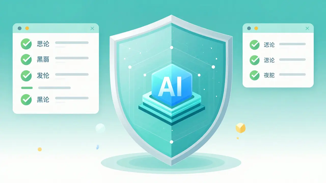 Multi-layered shield protecting an AI core with green status indicators.
