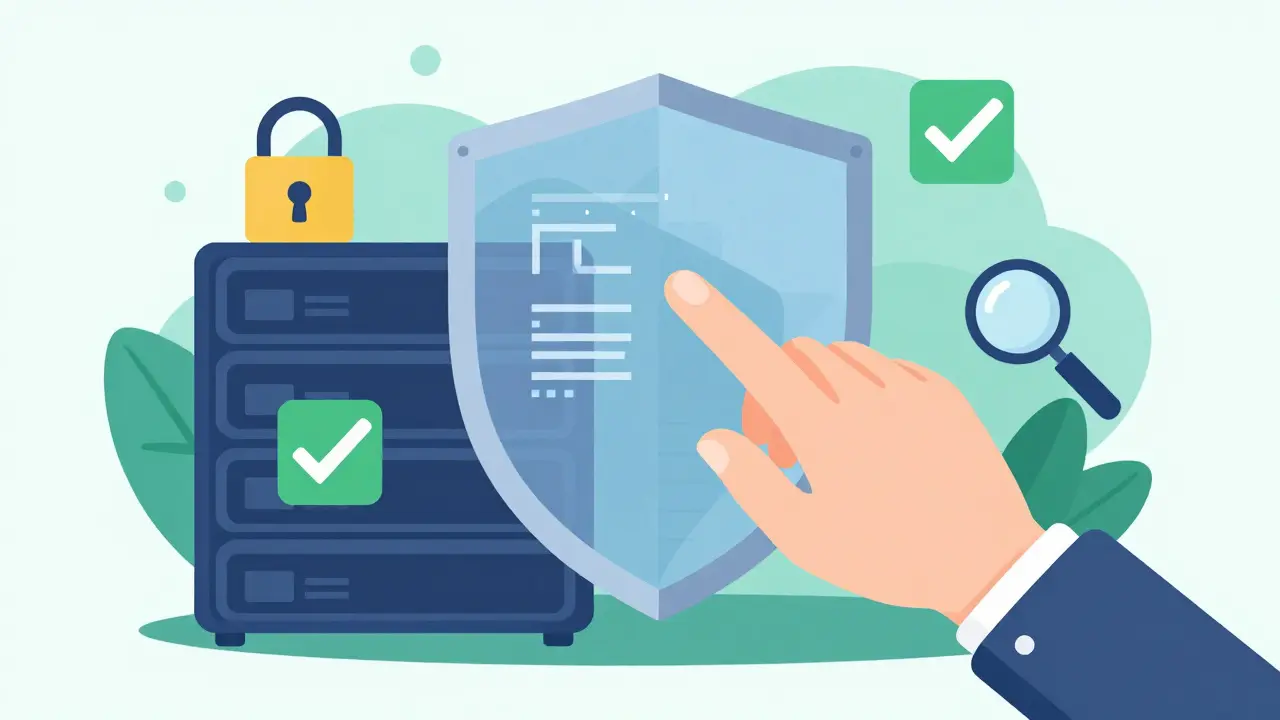 Shield protecting server data with security icons