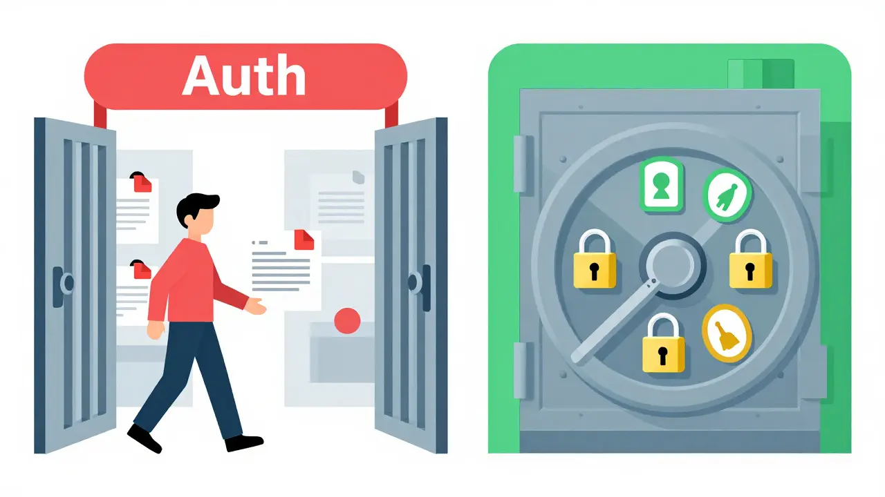 Split view showing open gate vs secure vault with role-based access