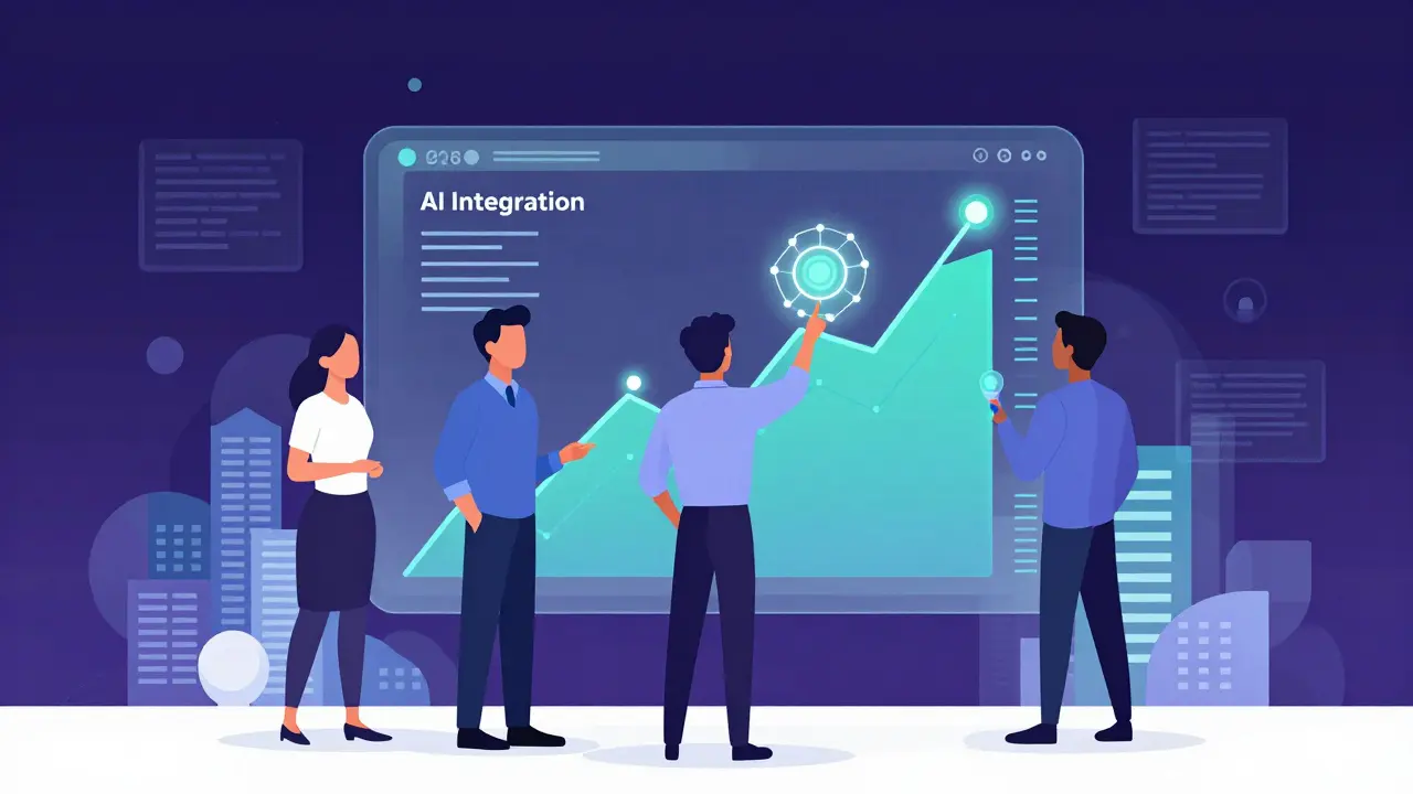 Team analyzing AI development metrics on a digital dashboard