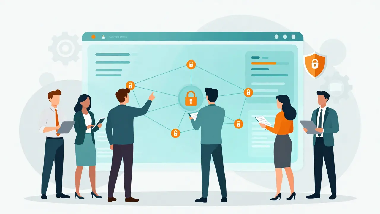 Team reviewing digital security dashboards and compliance checklists