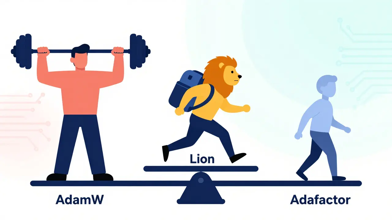Three optimizer characters comparing speed, stability, and memory usage