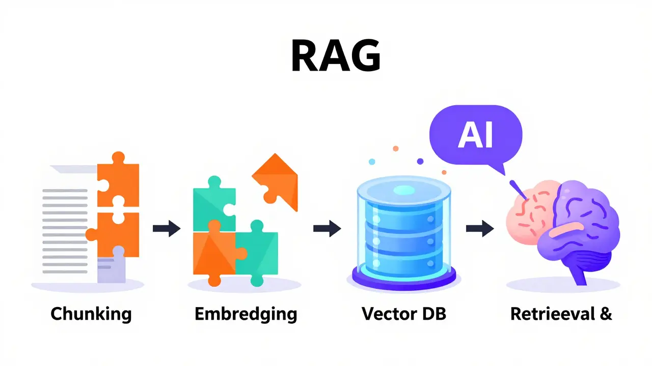 Visual diagram of the four-stage RAG pipeline: chunking, embedding, storage, generation.