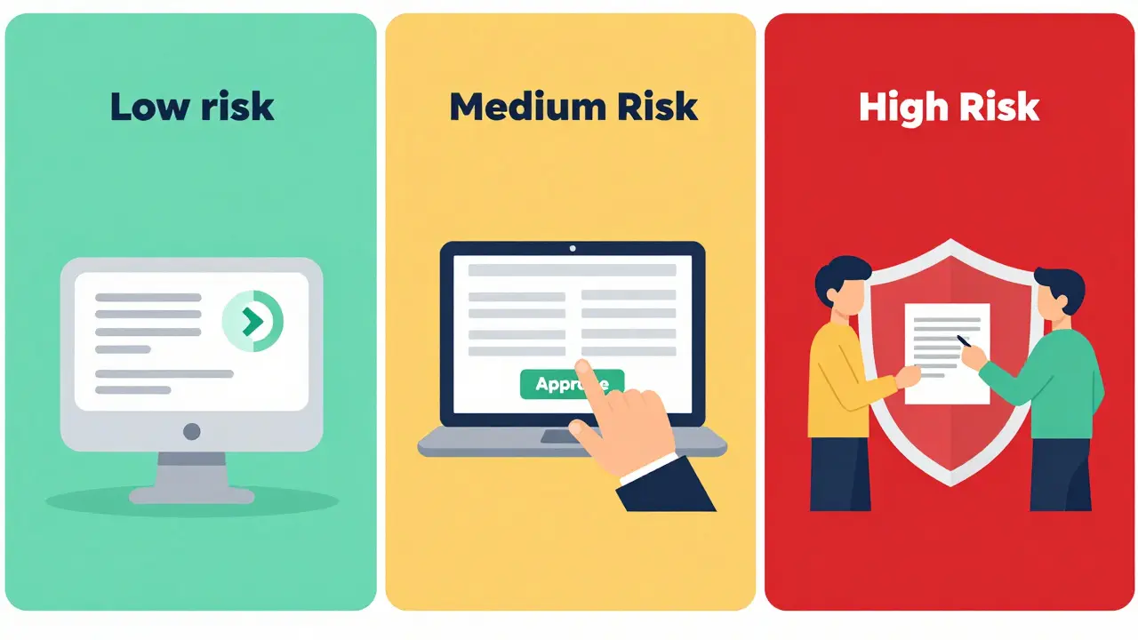 Visual guide to tiered risk levels for AI tasks requiring varying human oversight.