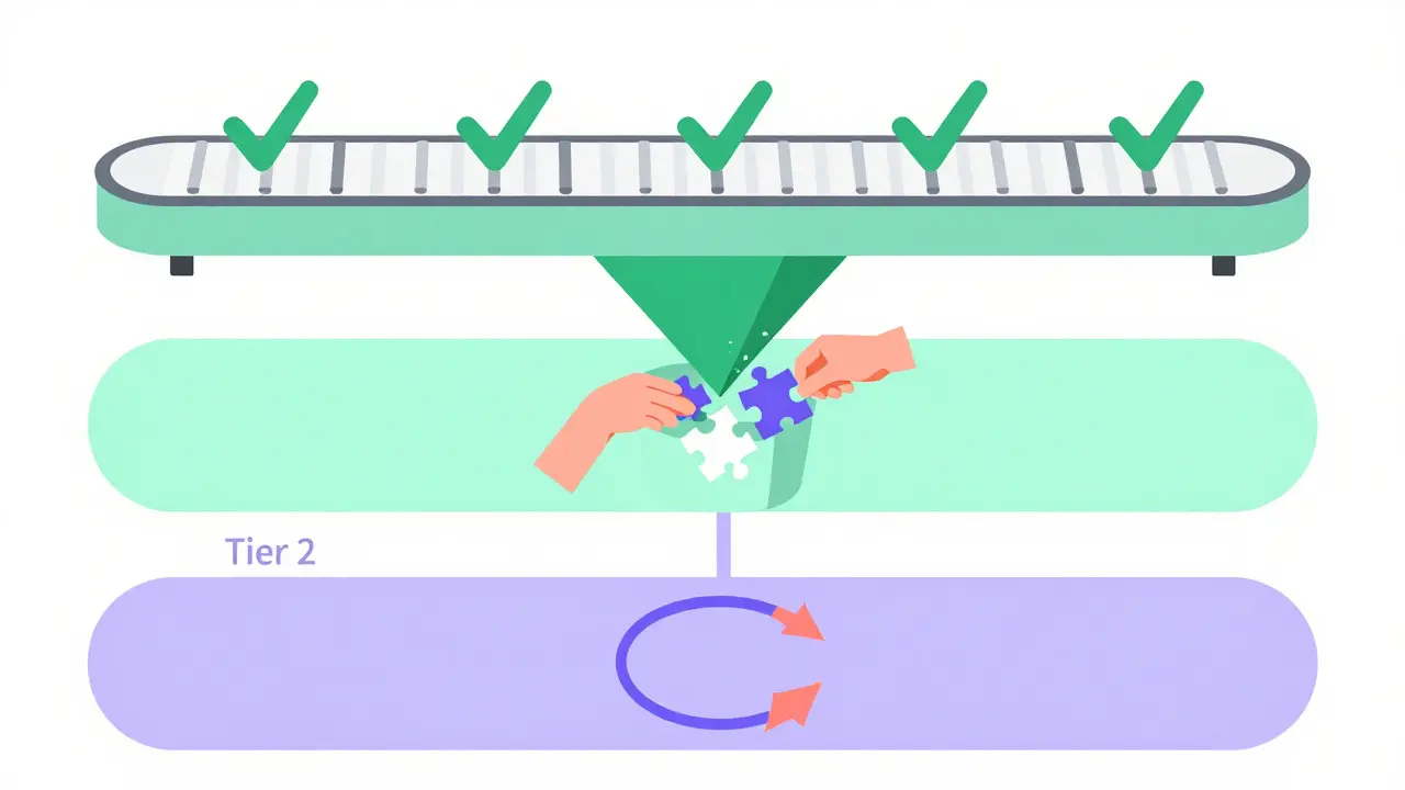 Abstract diagram of tiered AI screening and human review