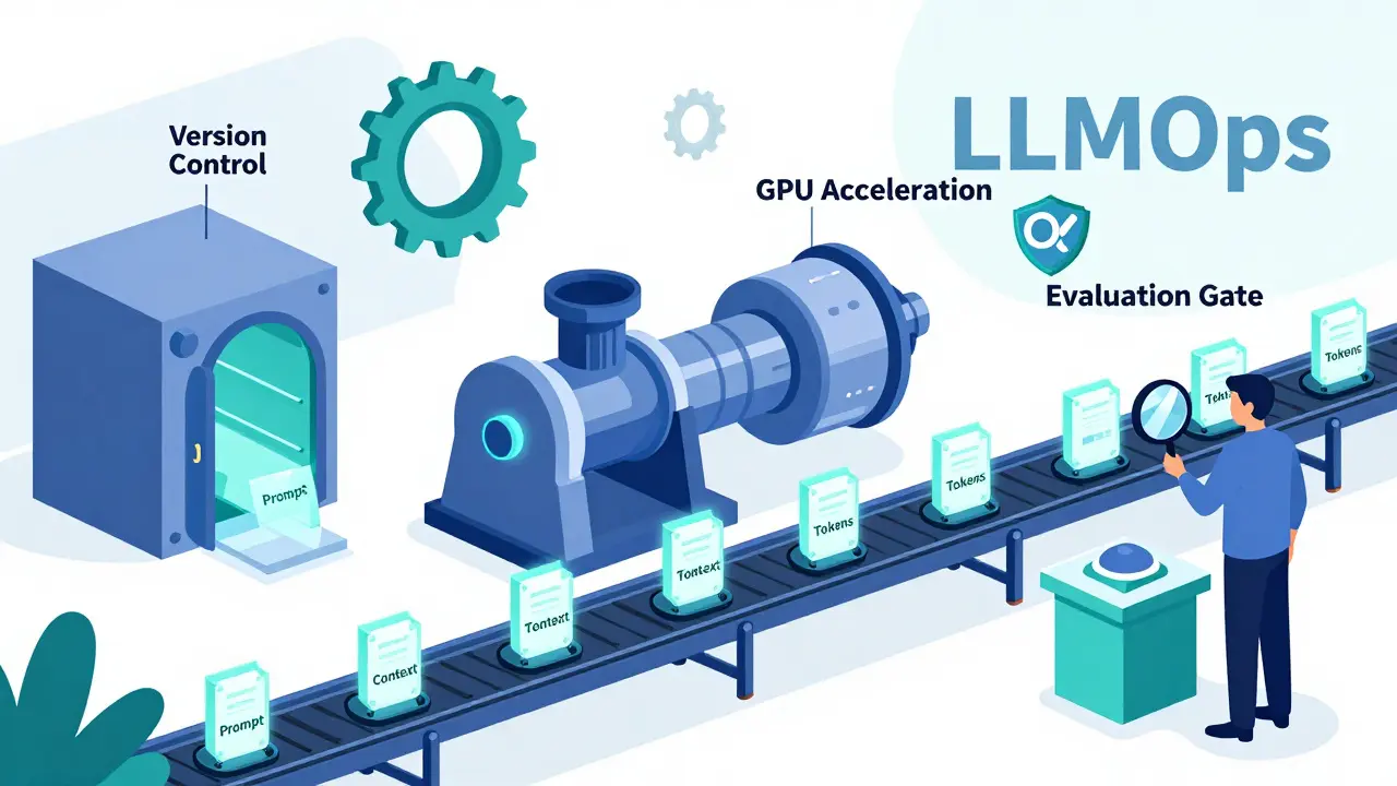 Abstract factory line showing structured LLMOps pipeline stages