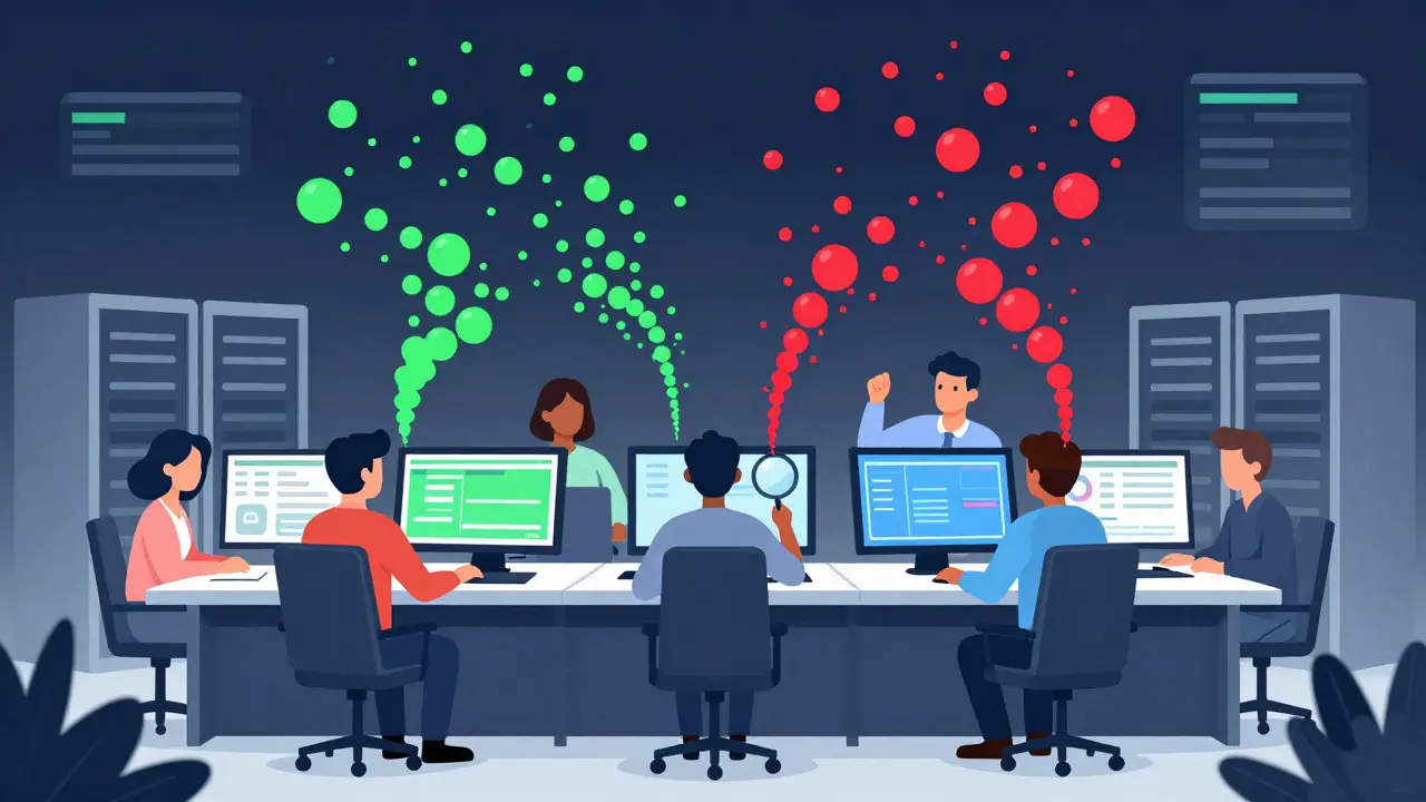 Analysts monitoring AI data streams to verify accuracy and catch calibration errors