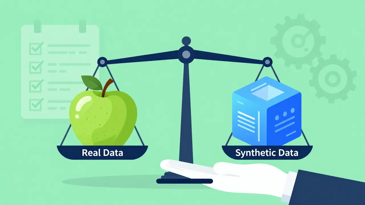 Balanced scale illustrating the ethical mix of real and synthetic data sources