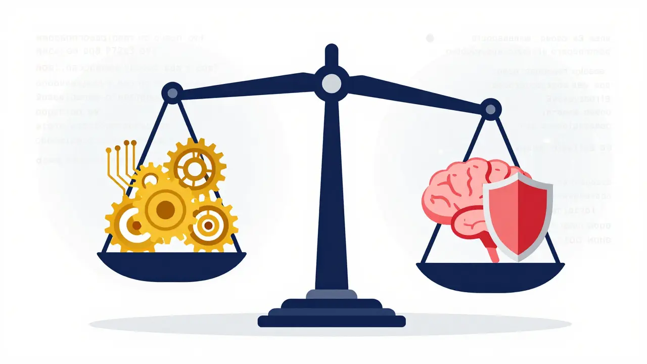 Balanced scale showing AI speed versus human judgment