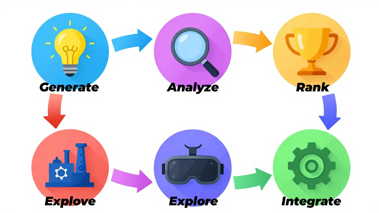 Circular diagram illustrating the six stages of AI product design workflow