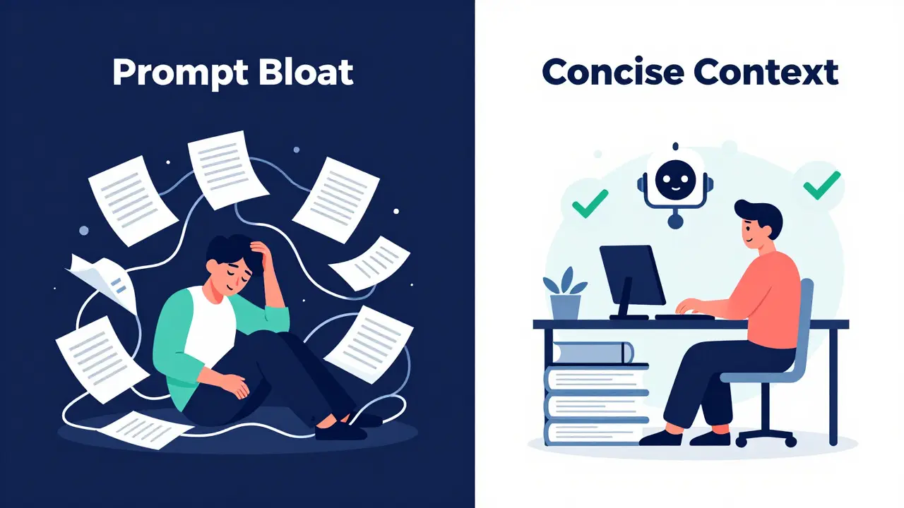 Comparison of messy prompt bloat versus concise, effective code context
