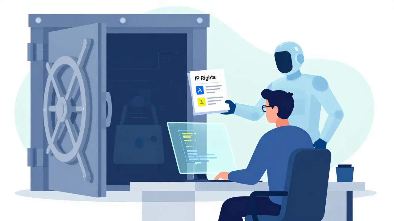 Developer reviewing AI code with security and IP protection symbols nearby.