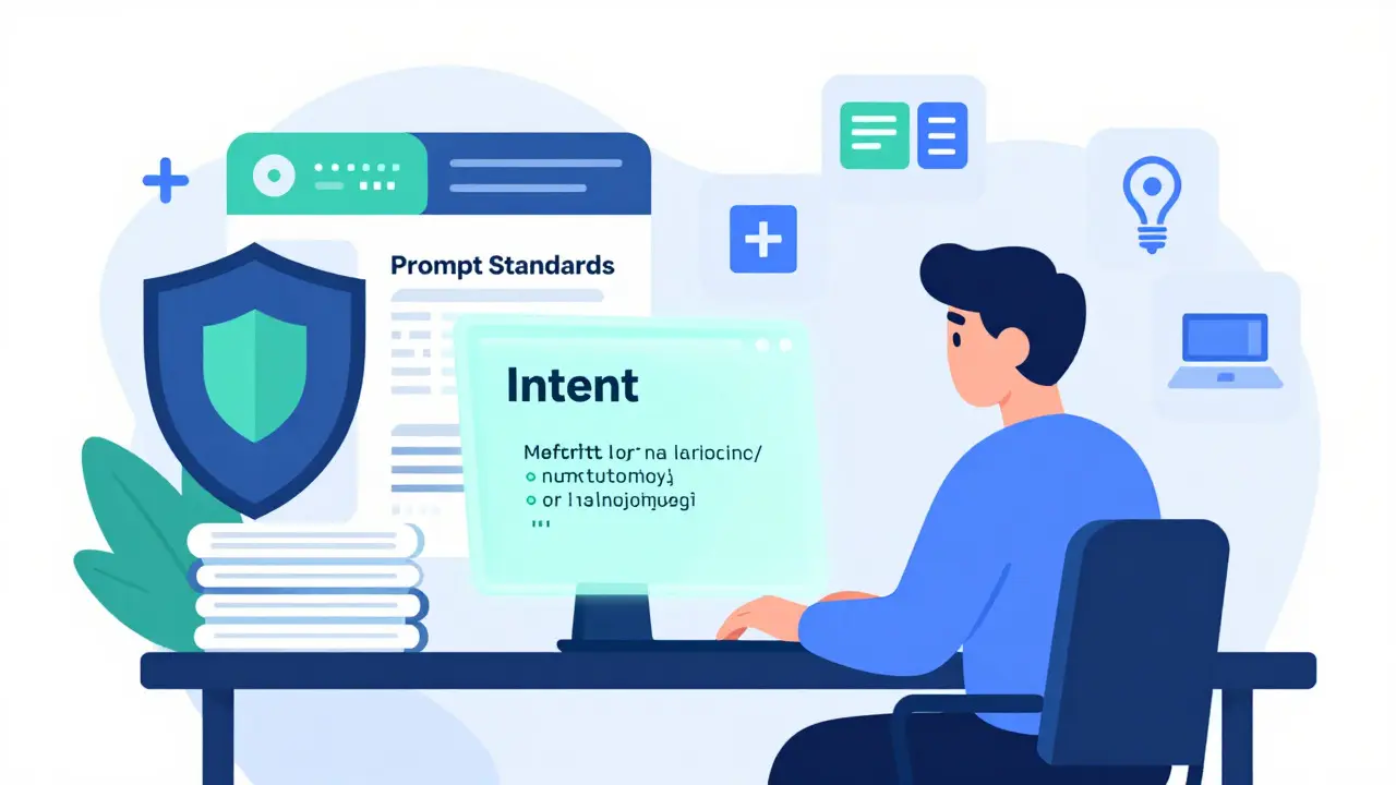Developer using natural language prompts protected by a shield of coding standards against messy code.