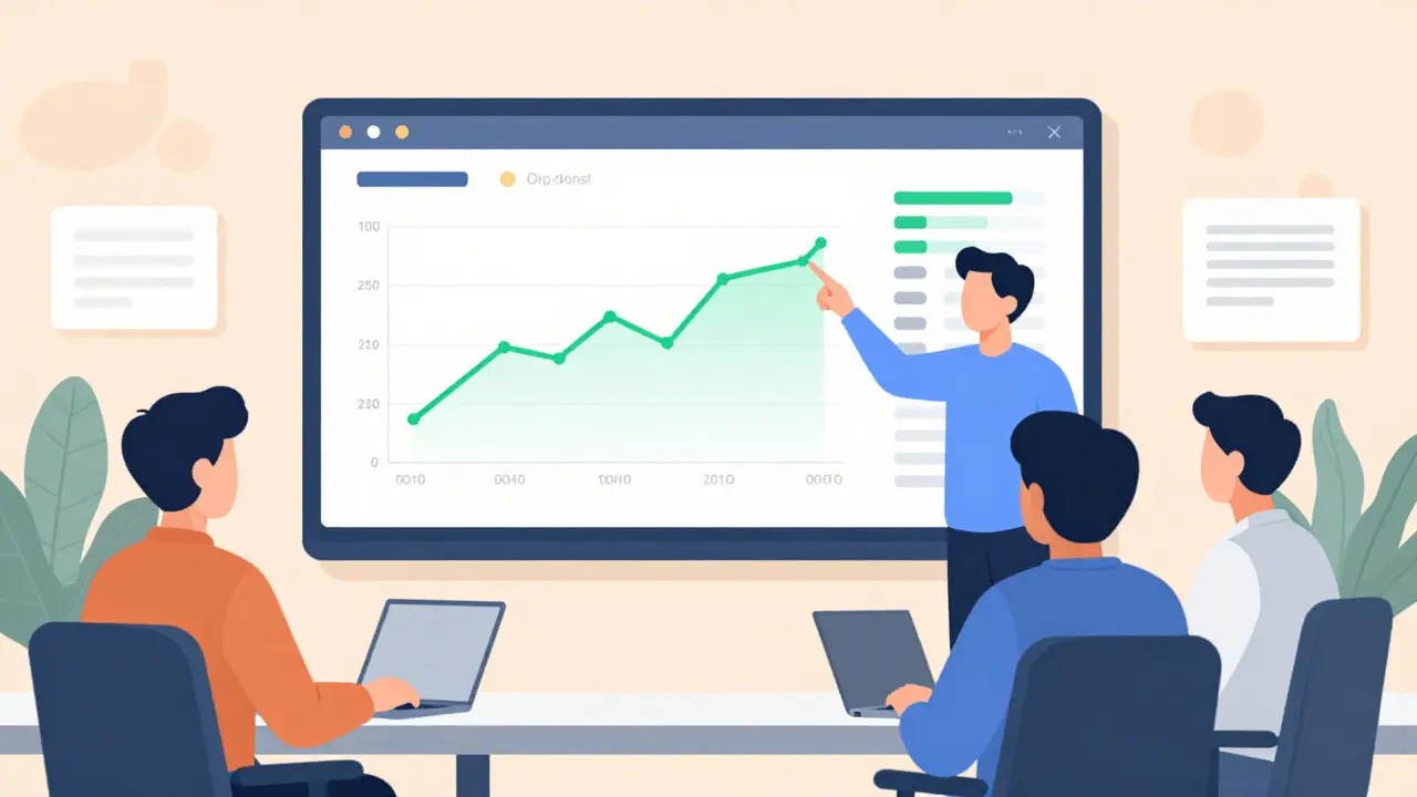Engineering team calmly reviewing a clear, green-status dashboard in office