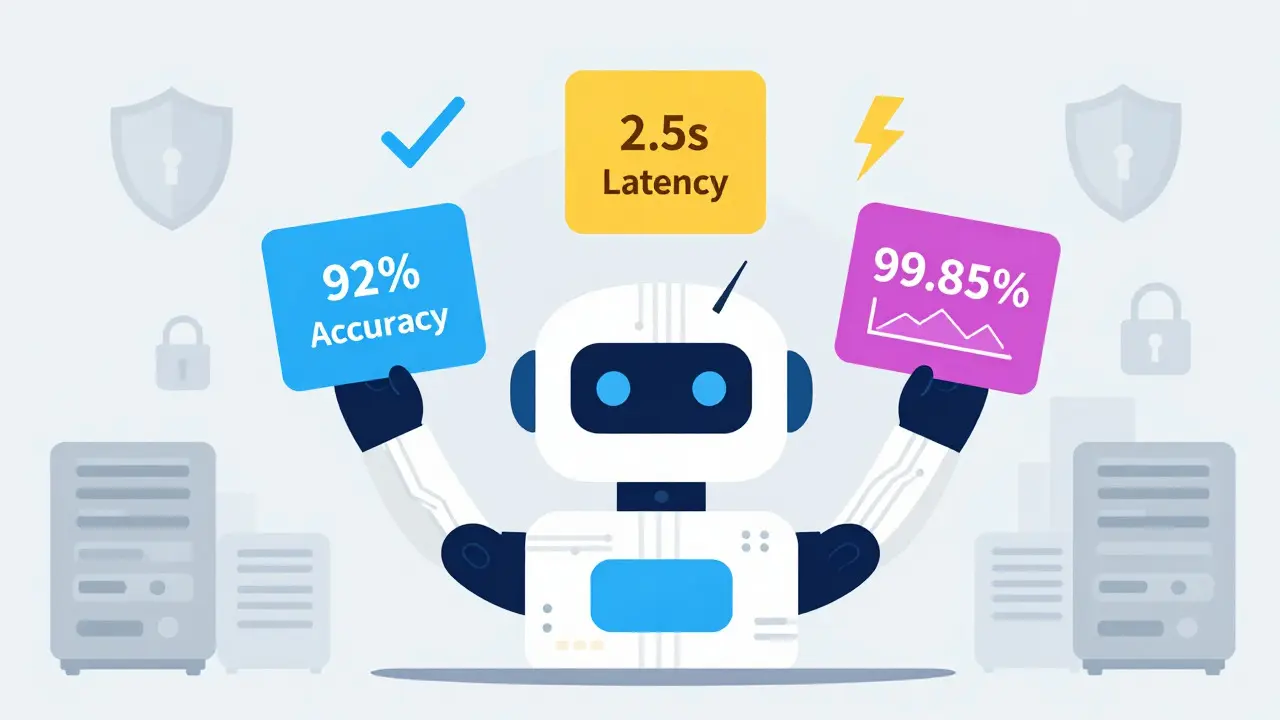 Flat design graphic showing AI performance metrics like accuracy and latency.
