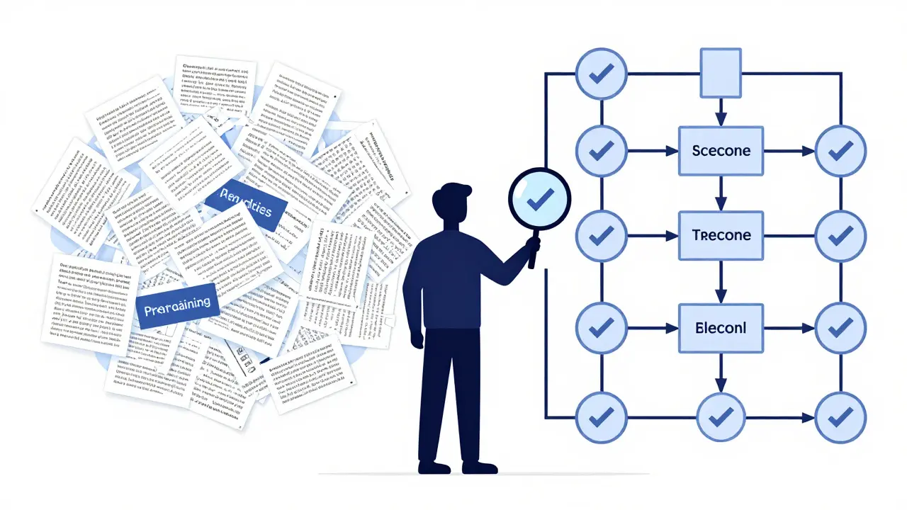 Flat illustration comparing chaotic data input with structured logical reasoning steps in AI.