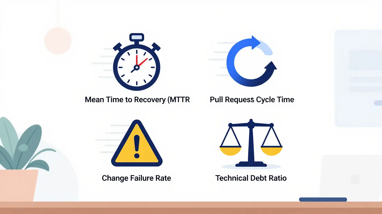 Floating icons representing MTTR, PR cycle time, failure rate, and tech debt