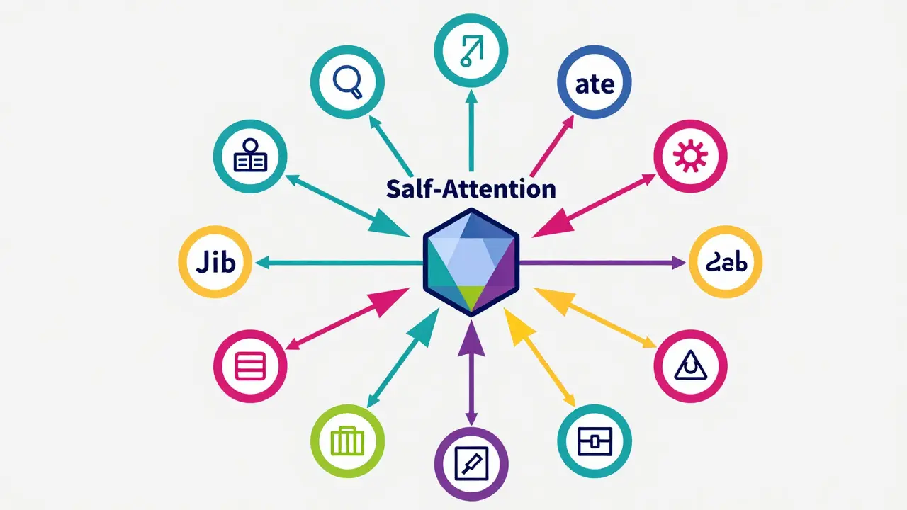 Geometric nodes sending colored arrows to tokens illustrating self-attention