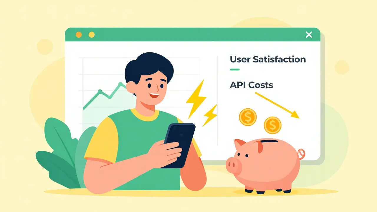 Happy user enjoying fast AI responses and cost savings with lightning bolts